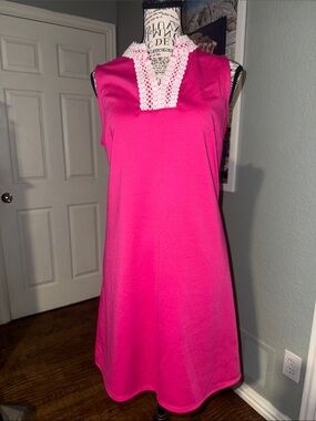 Kim Rogers Hot Pink Mini Dress with White Lace V-Neck Trim